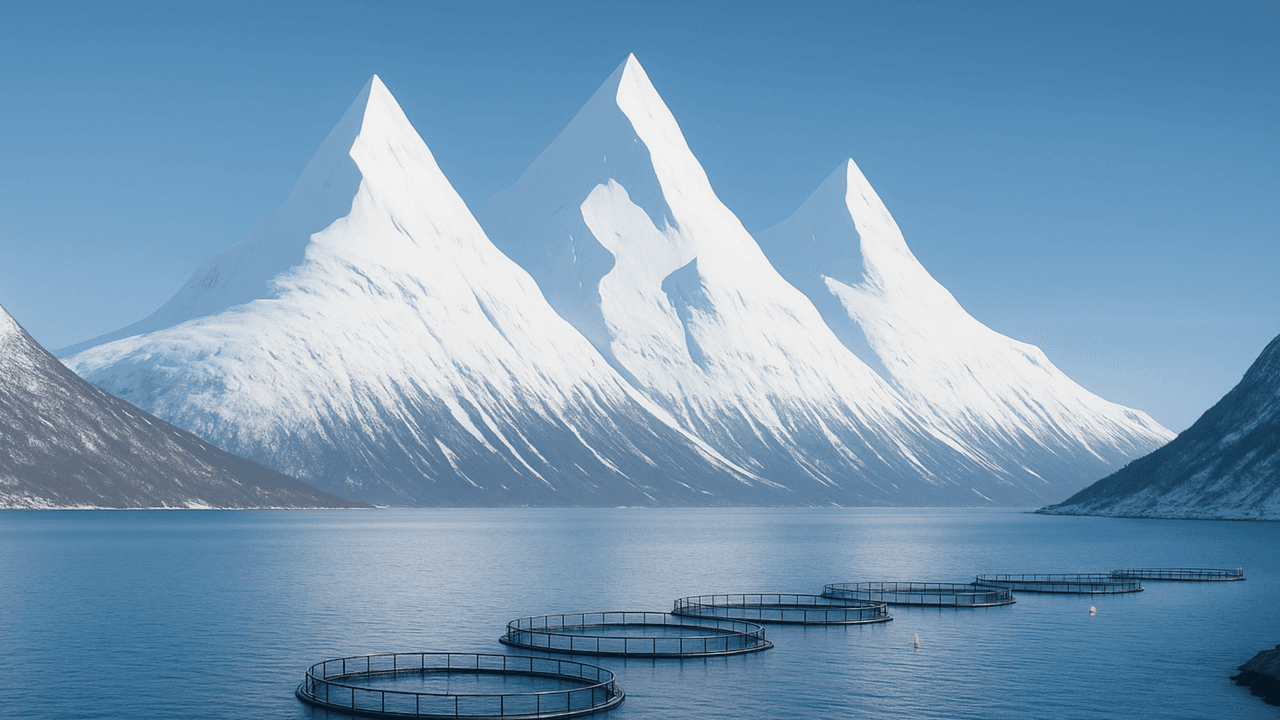 High-quality image of a Norwegian fish farm in a fjord.